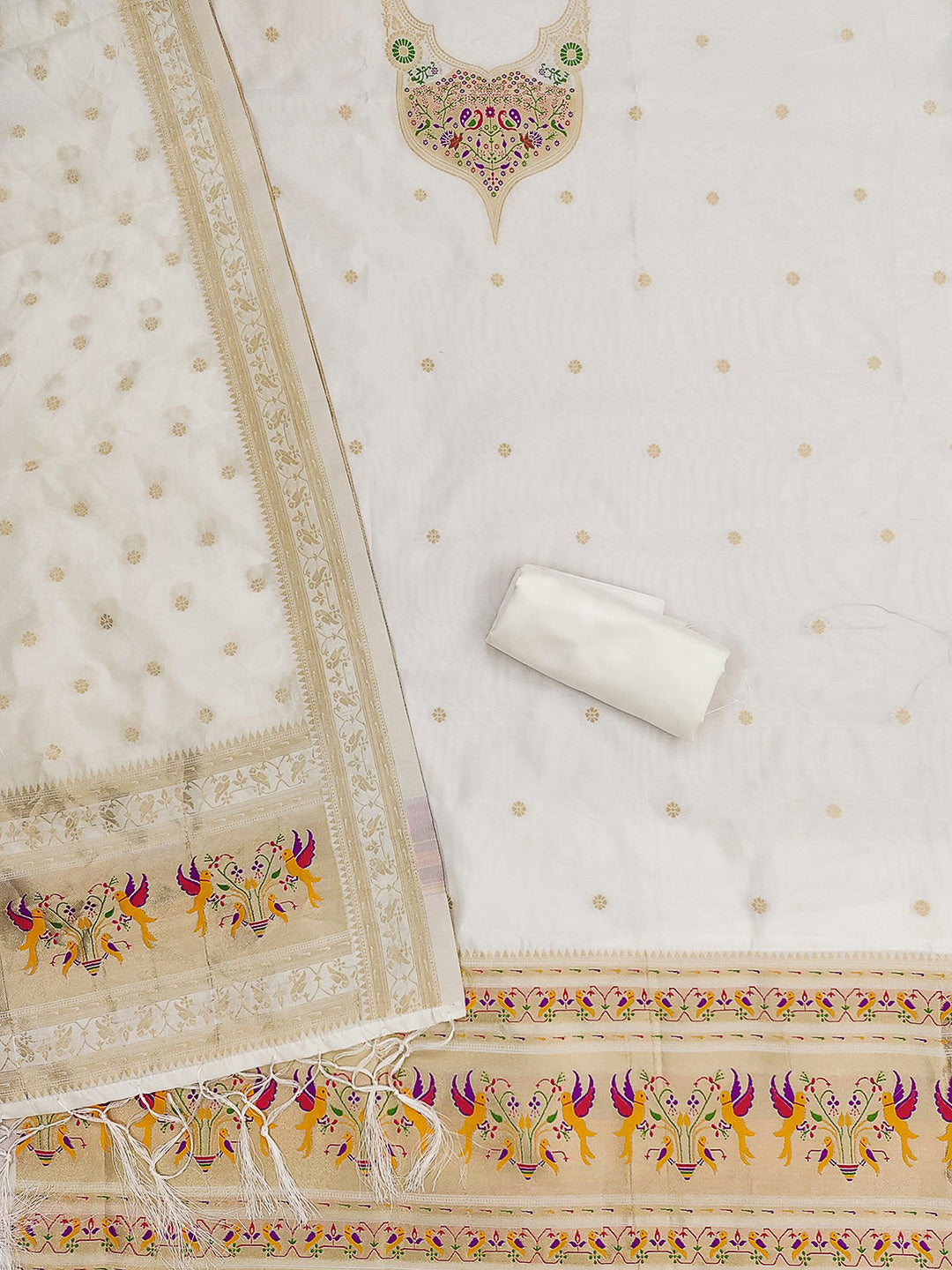 White Pure Soft Banarasi Silk Woven Design Unstitched Dress Material