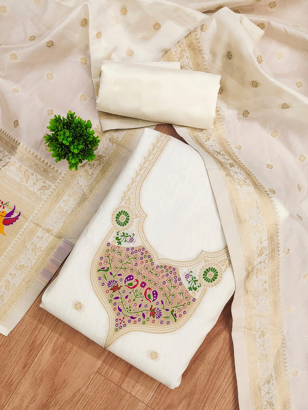 White Pure Soft Banarasi Silk Woven Design Unstitched Dress Material