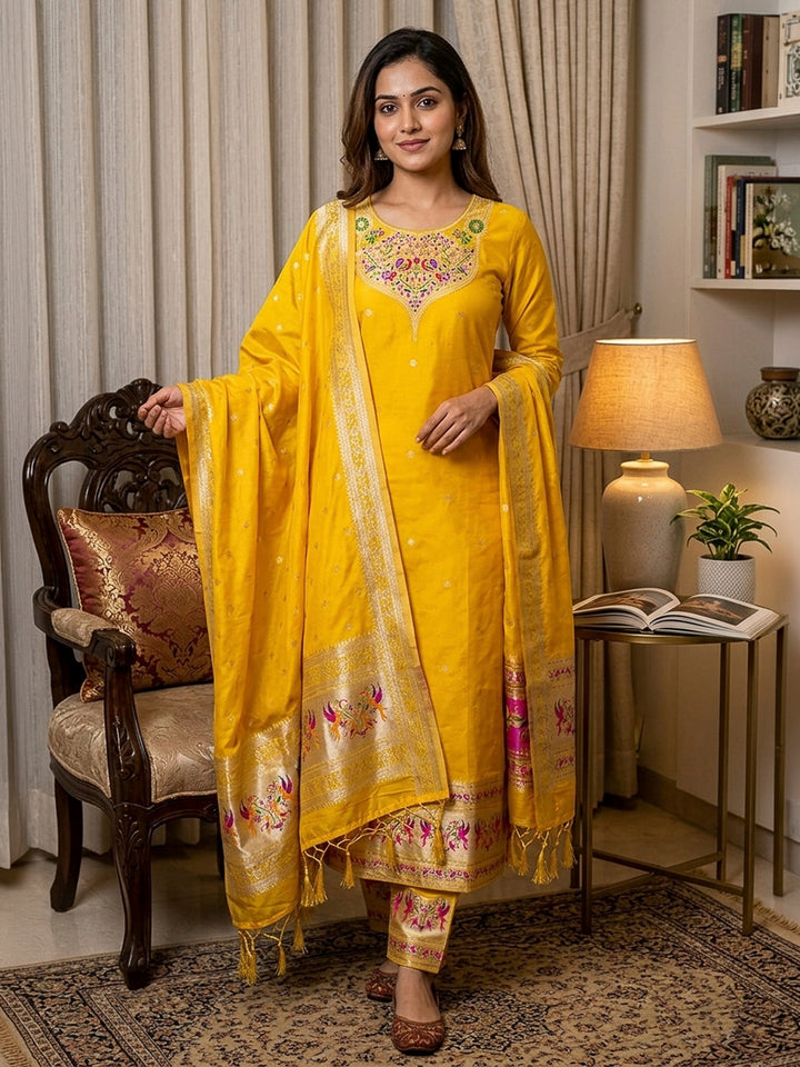 Yellow Pure Soft Banarasi Silk Woven Design Unstitched Dress Material