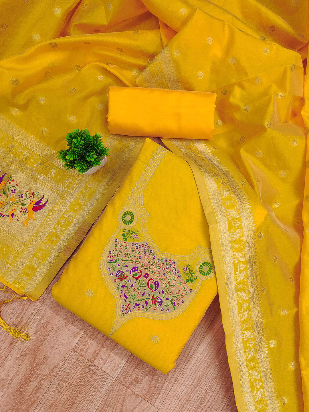 Yellow Pure Soft Banarasi Silk Woven Design Unstitched Dress Material