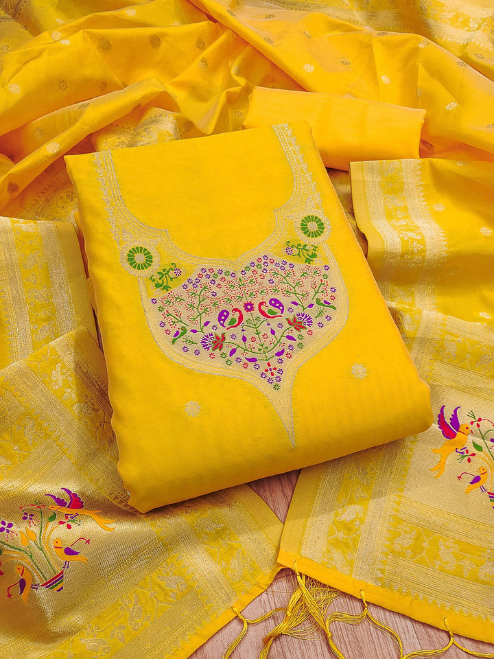 Yellow Pure Soft Banarasi Silk Woven Design Unstitched Dress Material