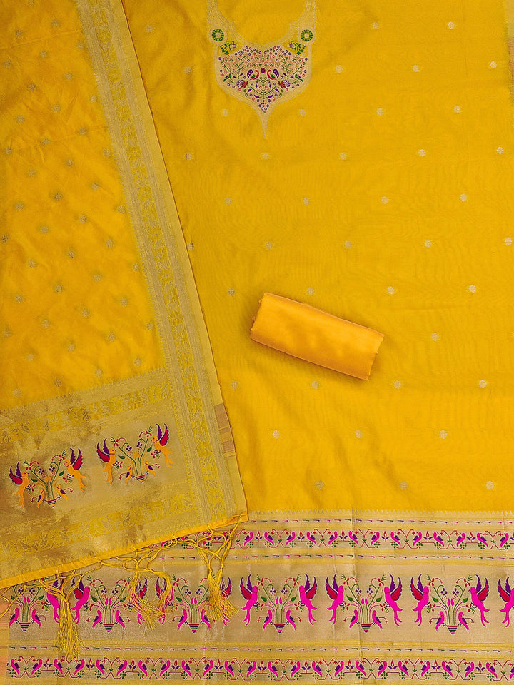 Yellow Pure Soft Banarasi Silk Woven Design Unstitched Dress Material
