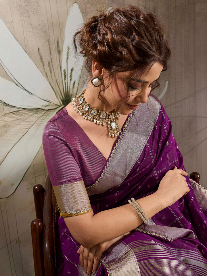 Purple Woven Design Cotton Tissue Checks Saree