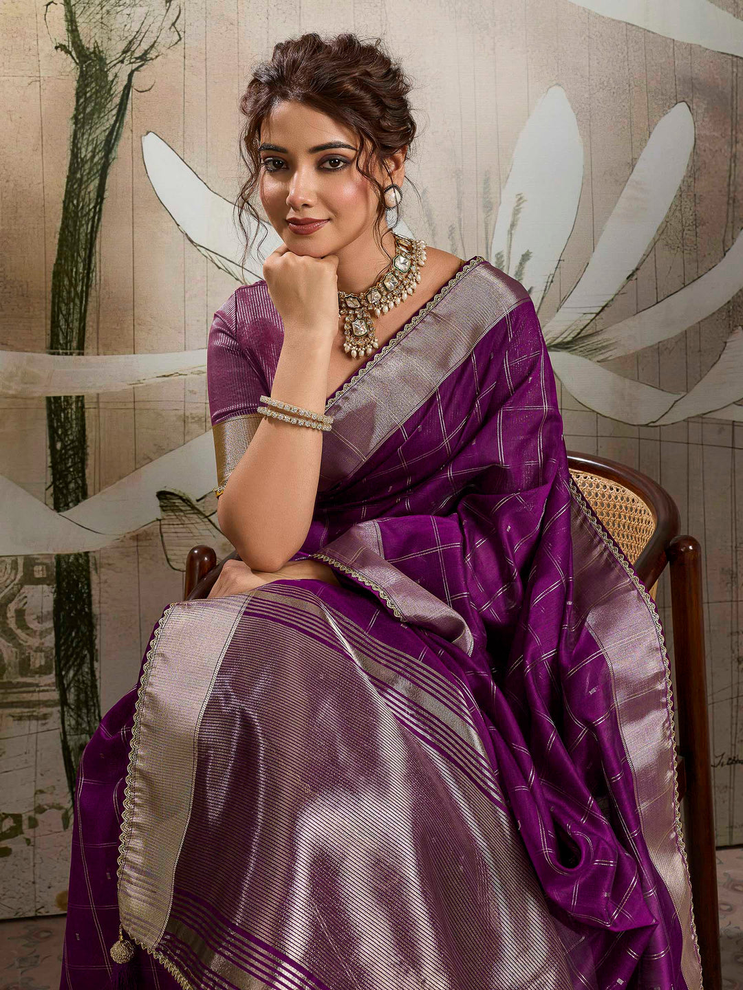 Purple Woven Design Cotton Tissue Checks Saree