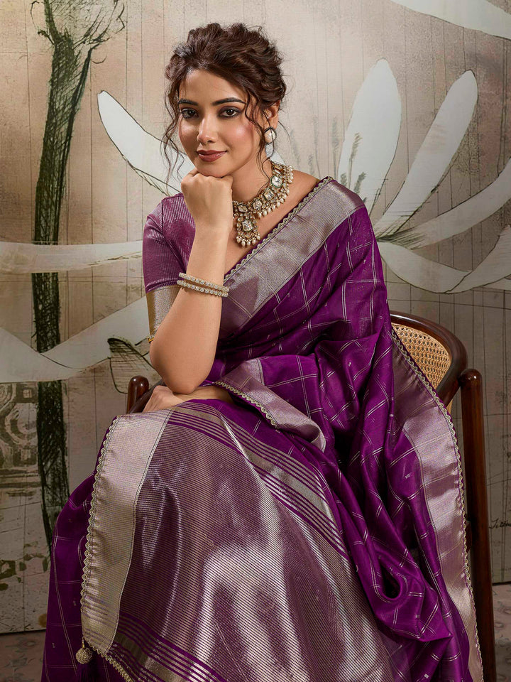 Purple Woven Design Cotton Tissue Checks Saree