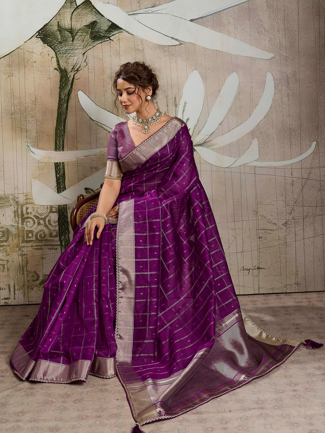 Purple Woven Design Cotton Tissue Checks Saree