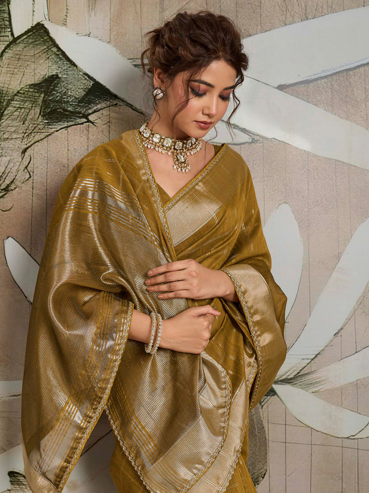Mustard Woven Design Cotton Tissue Checks Saree