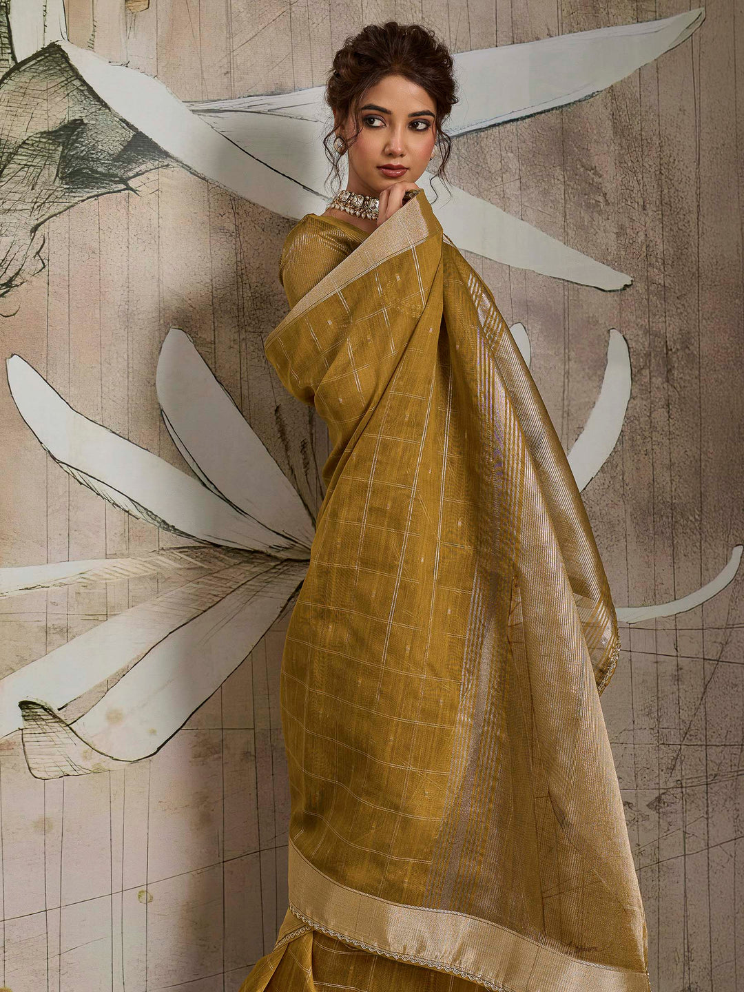 Mustard Woven Design Cotton Tissue Checks Saree