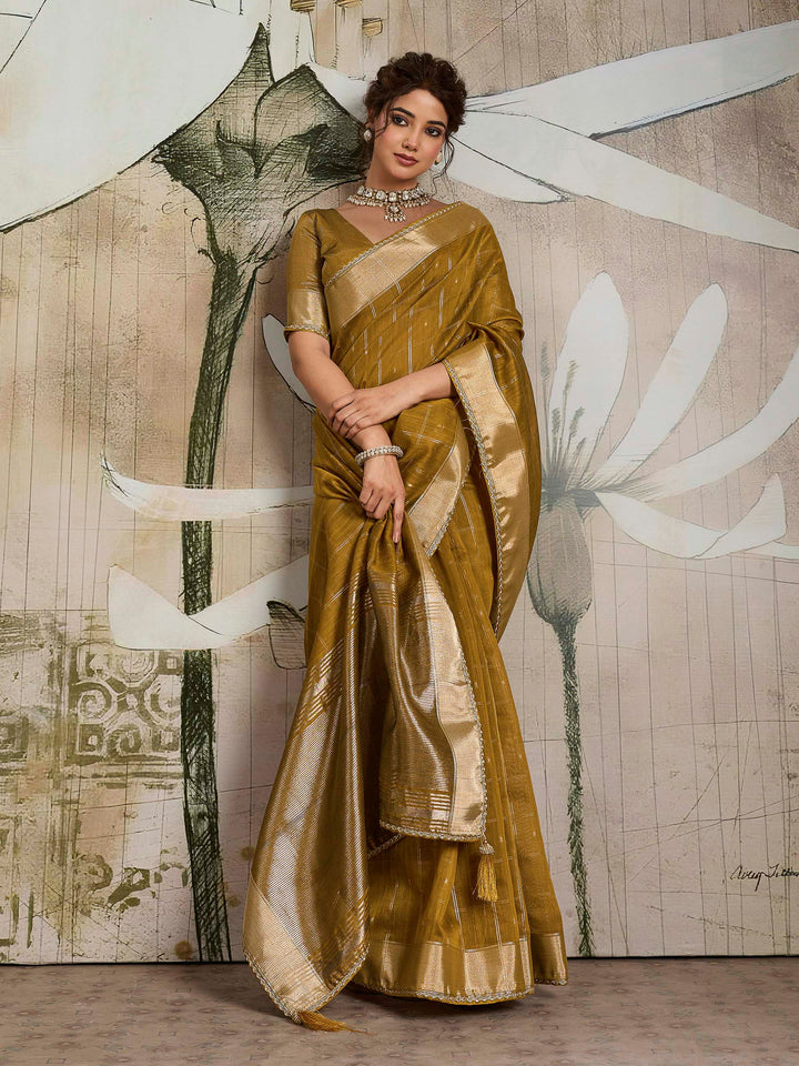 Mustard Woven Design Cotton Tissue Checks Saree