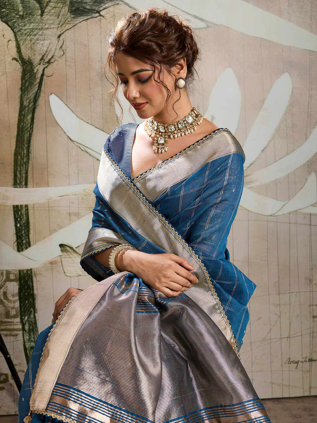 Blue Woven Design Cotton Tissue Checks Saree