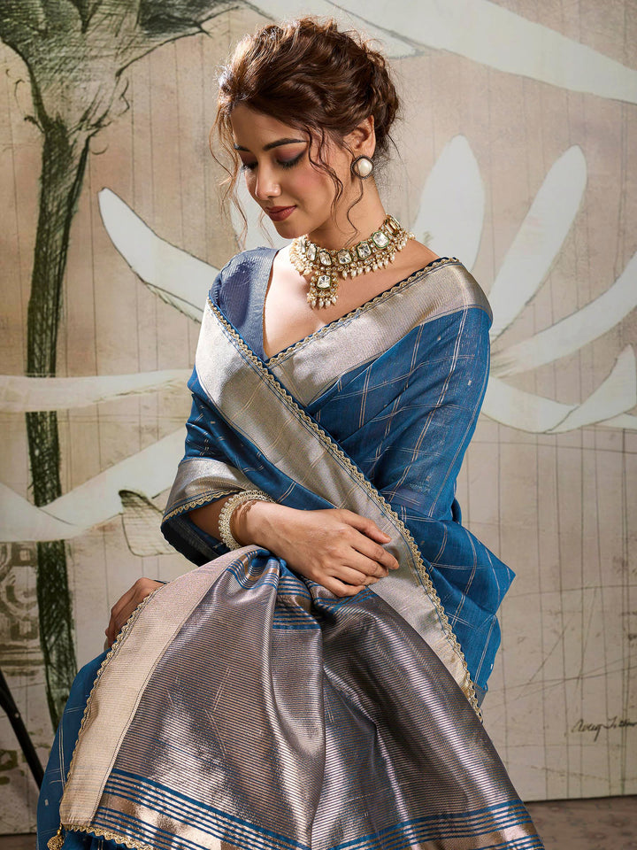 Blue Woven Design Cotton Tissue Checks Saree