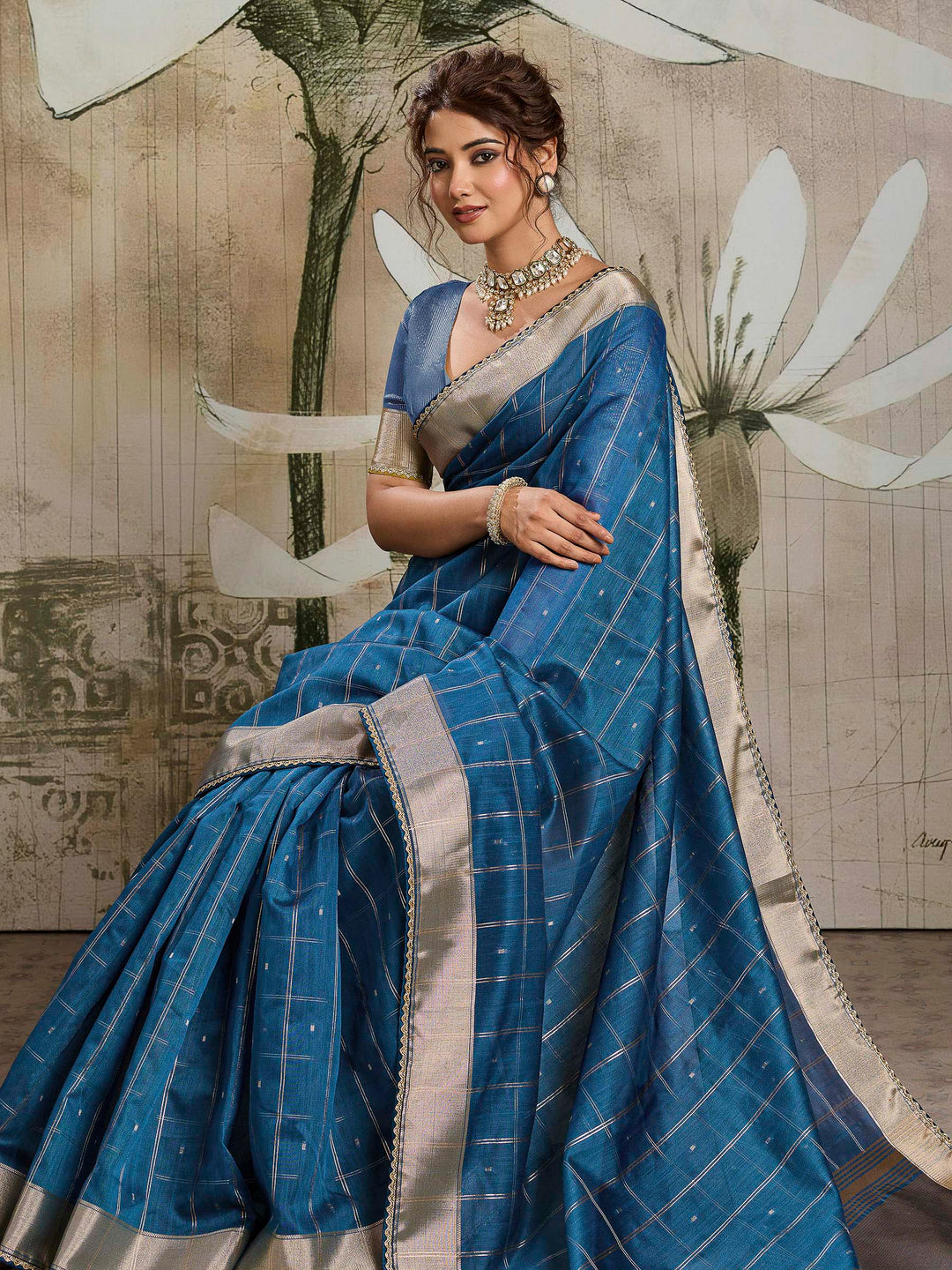 Blue Woven Design Cotton Tissue Checks Saree