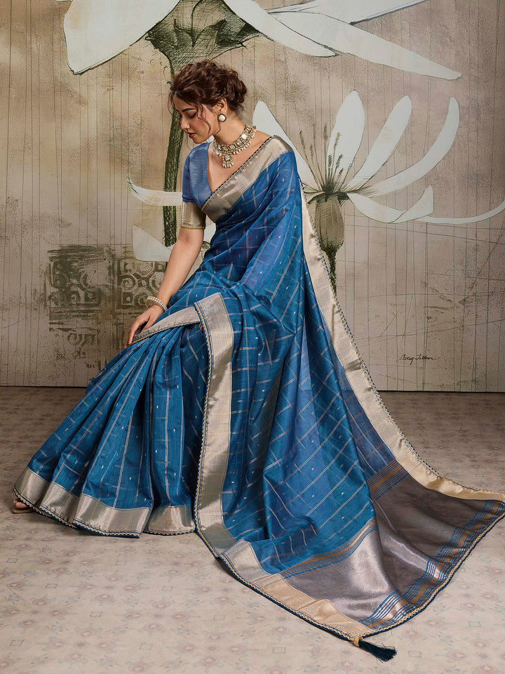 Blue Woven Design Cotton Tissue Checks Saree