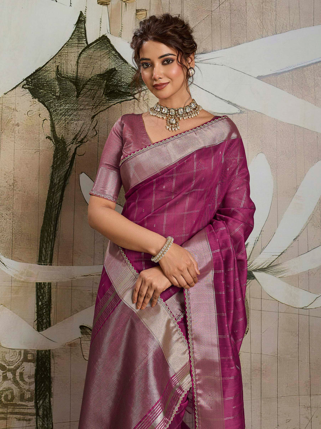 Wine Woven Design Cotton Tissue Checks Saree