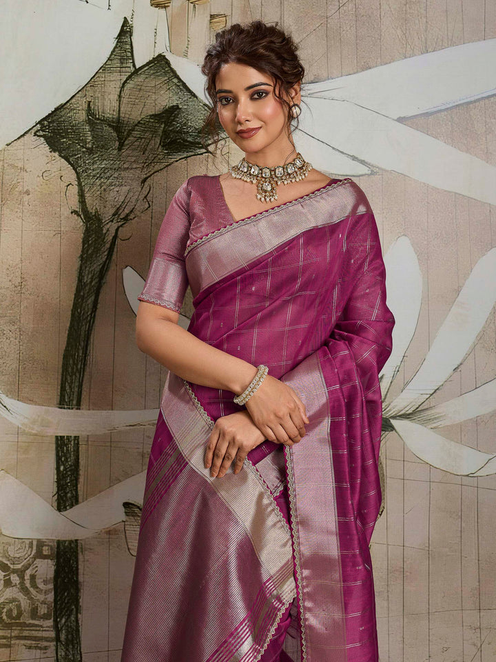 Wine Woven Design Cotton Tissue Checks Saree