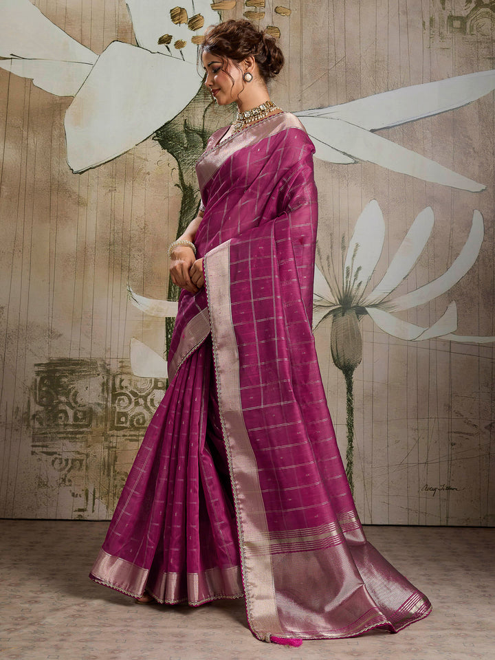 Wine Woven Design Cotton Tissue Checks Saree