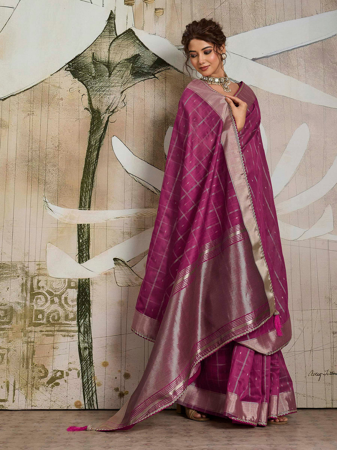 Wine Woven Design Cotton Tissue Checks Saree