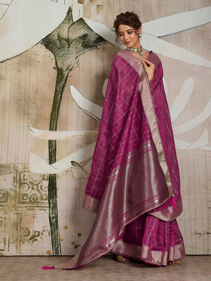 Wine Woven Design Cotton Tissue Checks Saree