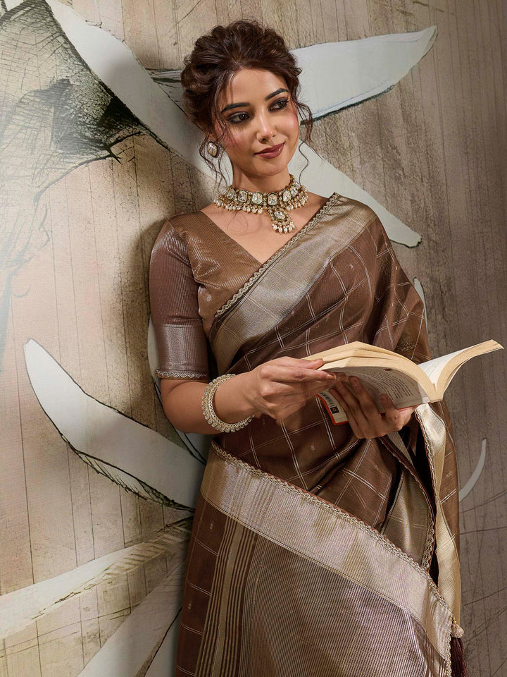 Brown Woven Design Cotton Tissue Checks Saree