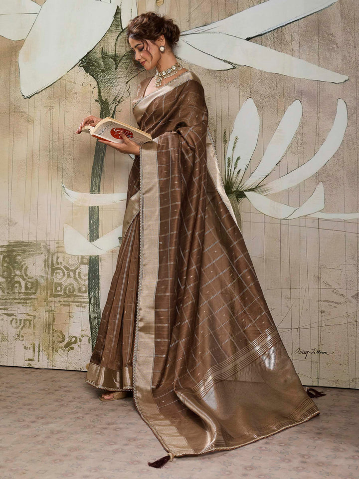 Brown Woven Design Cotton Tissue Checks Saree