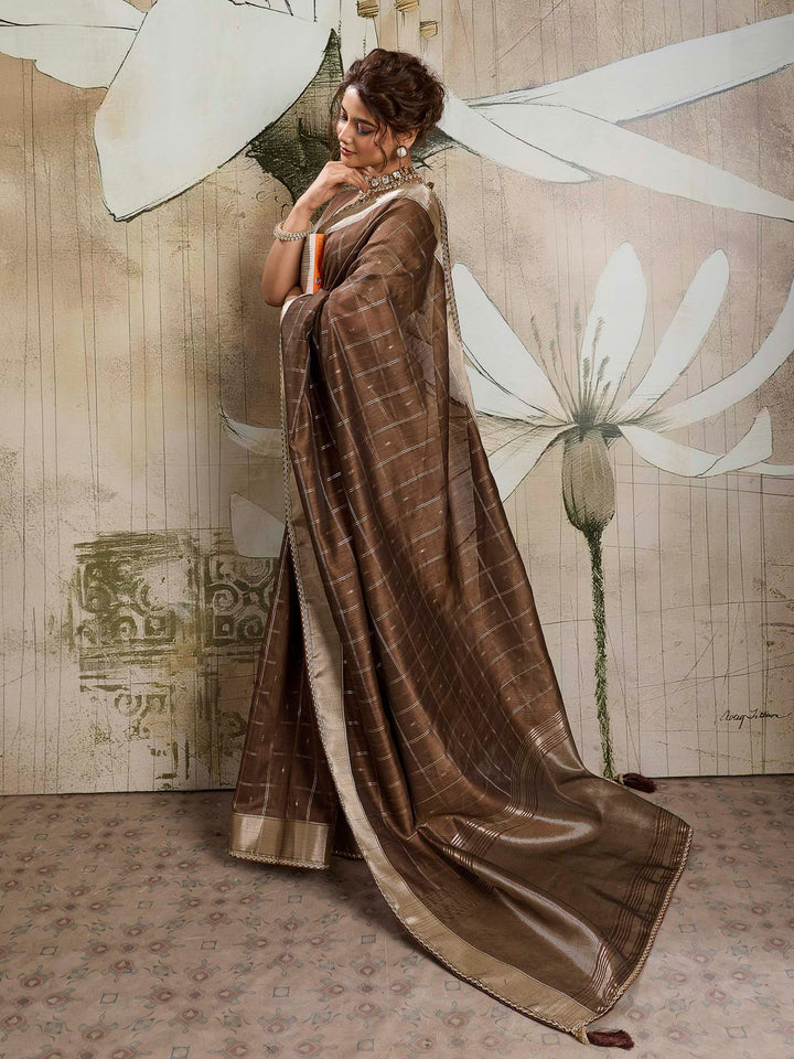 Brown Woven Design Cotton Tissue Checks Saree