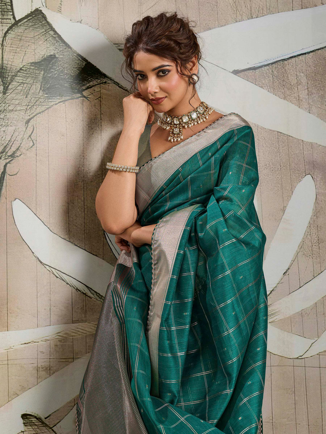 Teal Blue Woven Design Cotton Tissue Checks Saree