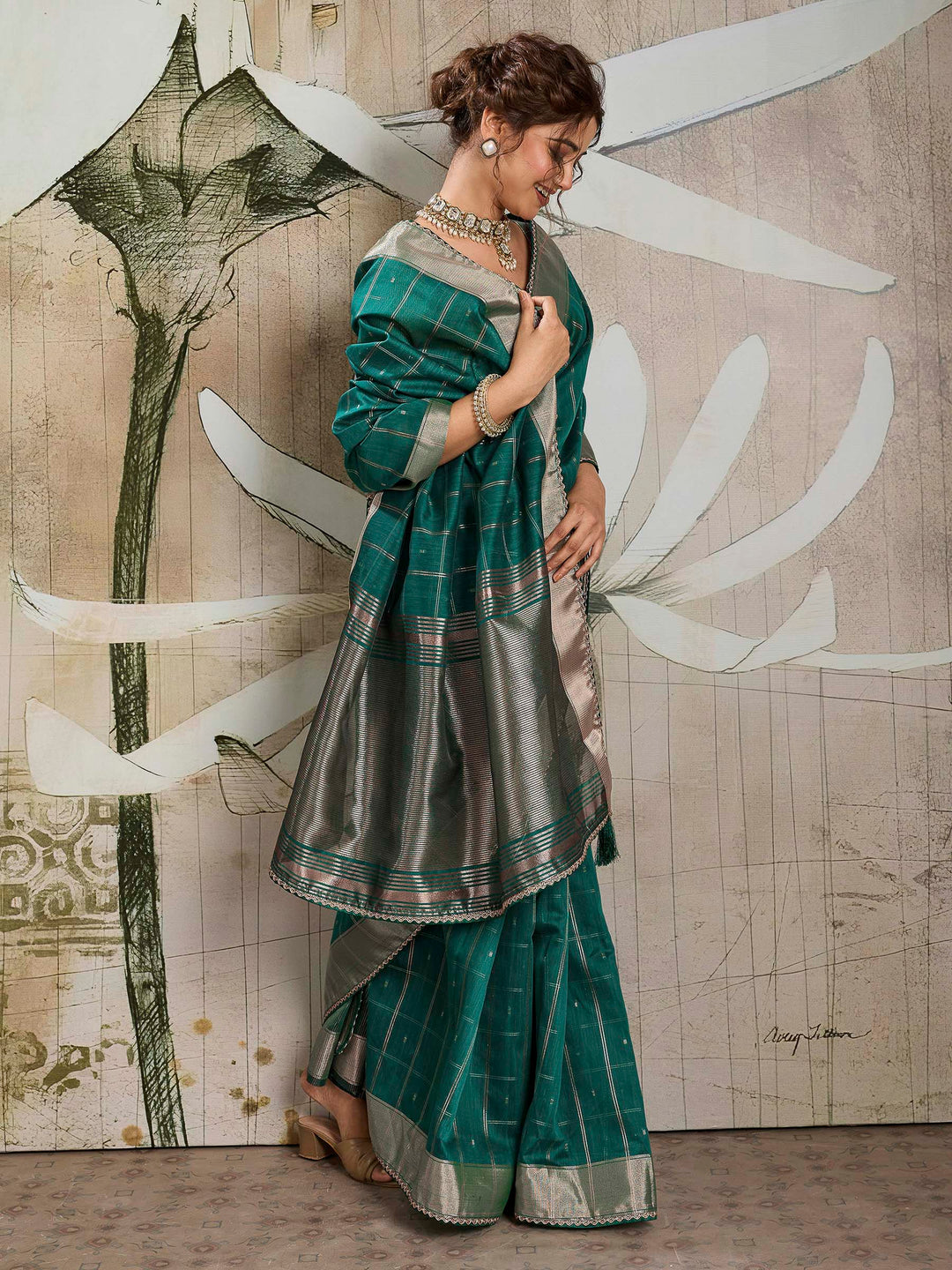 Teal Blue Woven Design Cotton Tissue Checks Saree