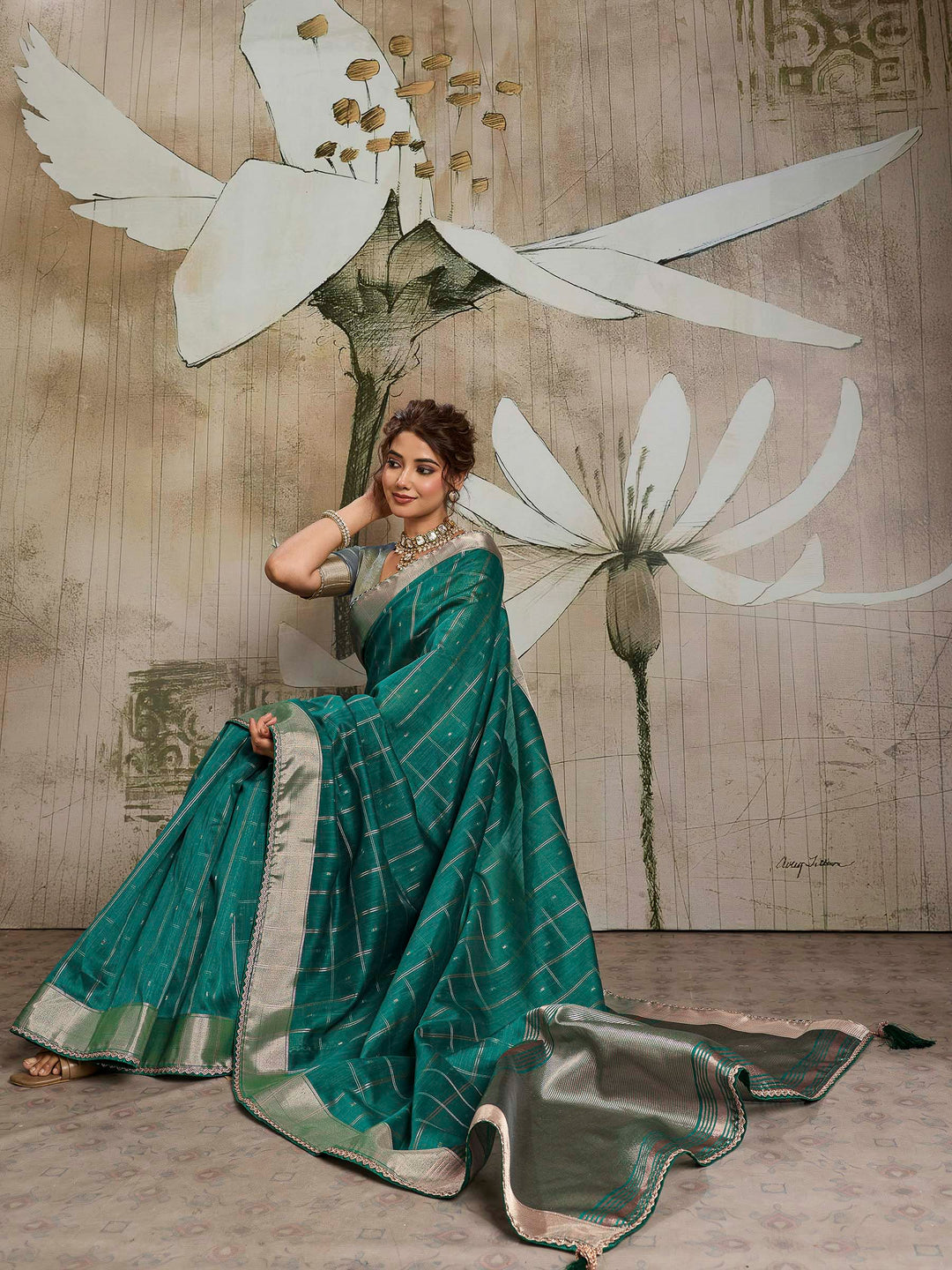 Teal Blue Woven Design Cotton Tissue Checks Saree