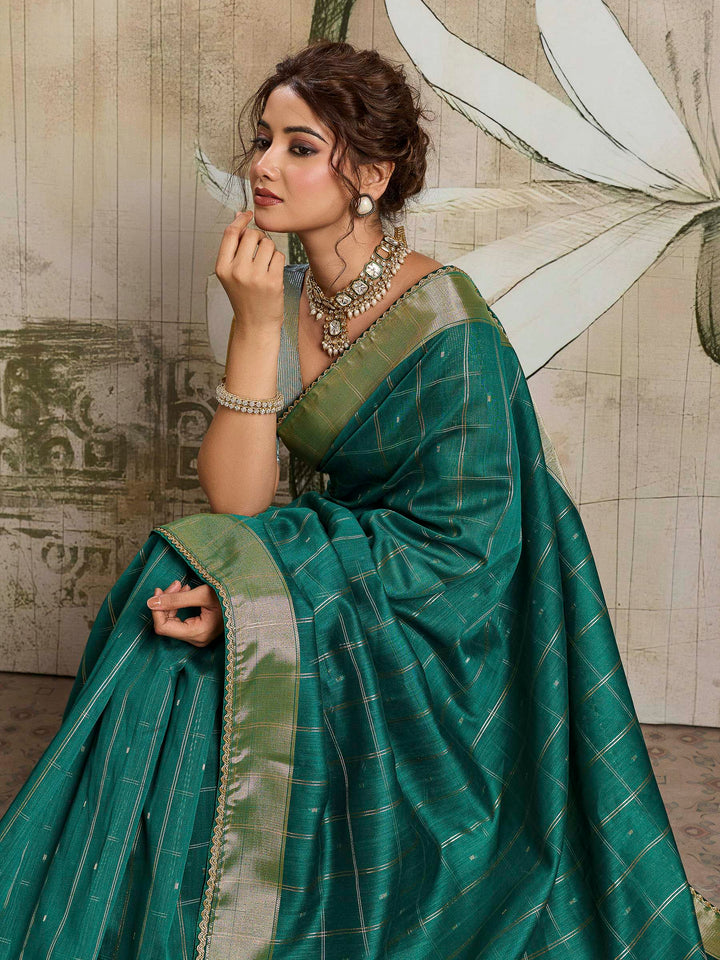 Teal Blue Woven Design Cotton Tissue Checks Saree