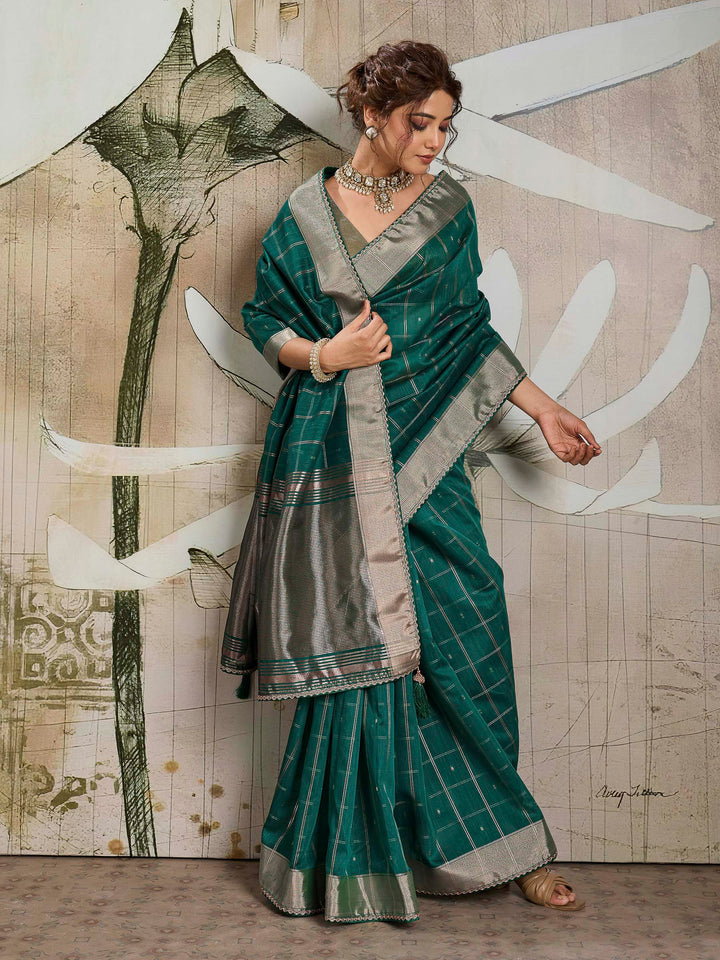 Teal Blue Woven Design Cotton Tissue Checks Saree