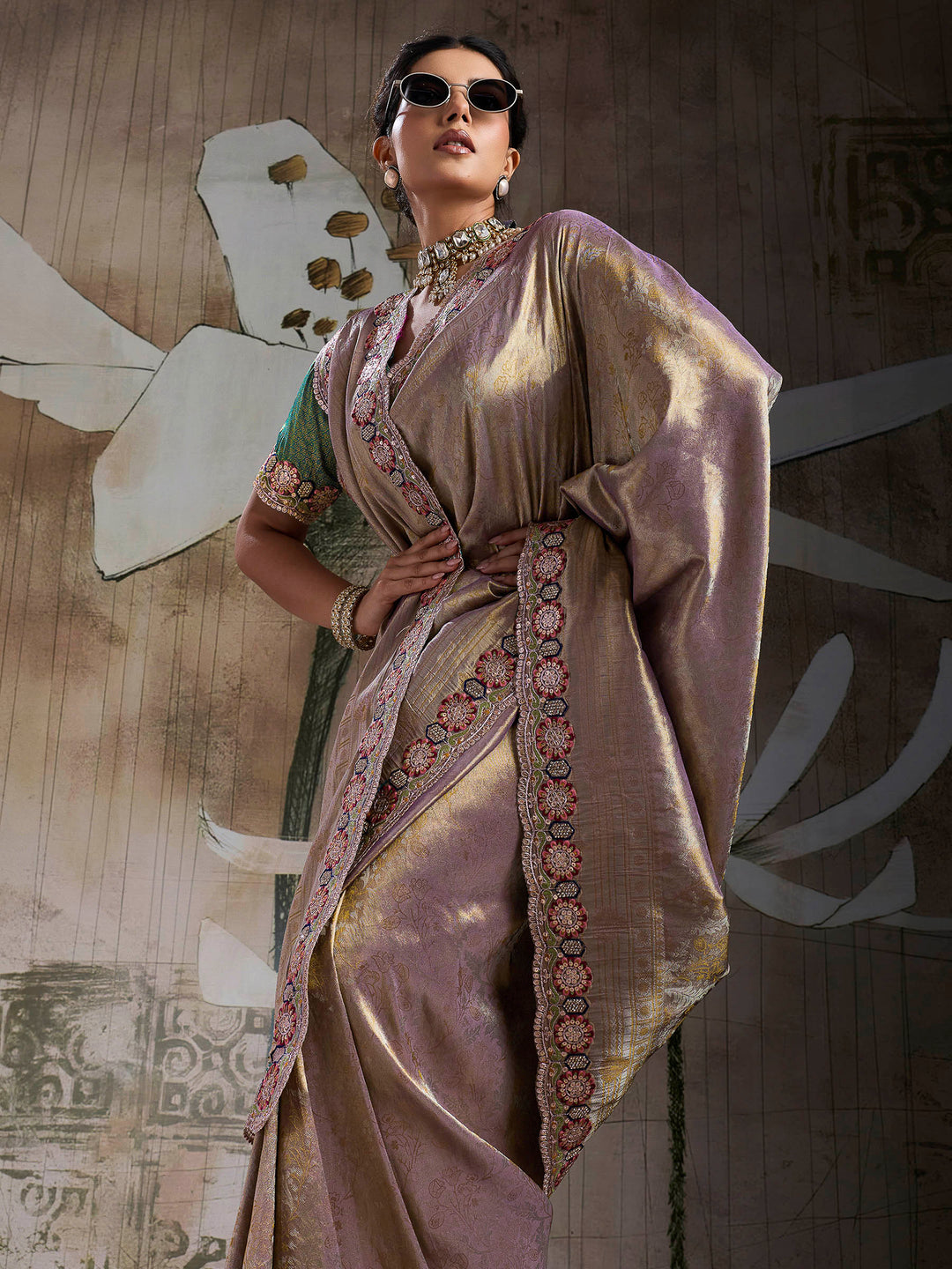 Mauve Kanjivaram Silk Embroidered Handloom Saree