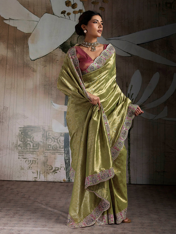 Pista-Green Kanjivaram Silk Embroidered Handloom Saree