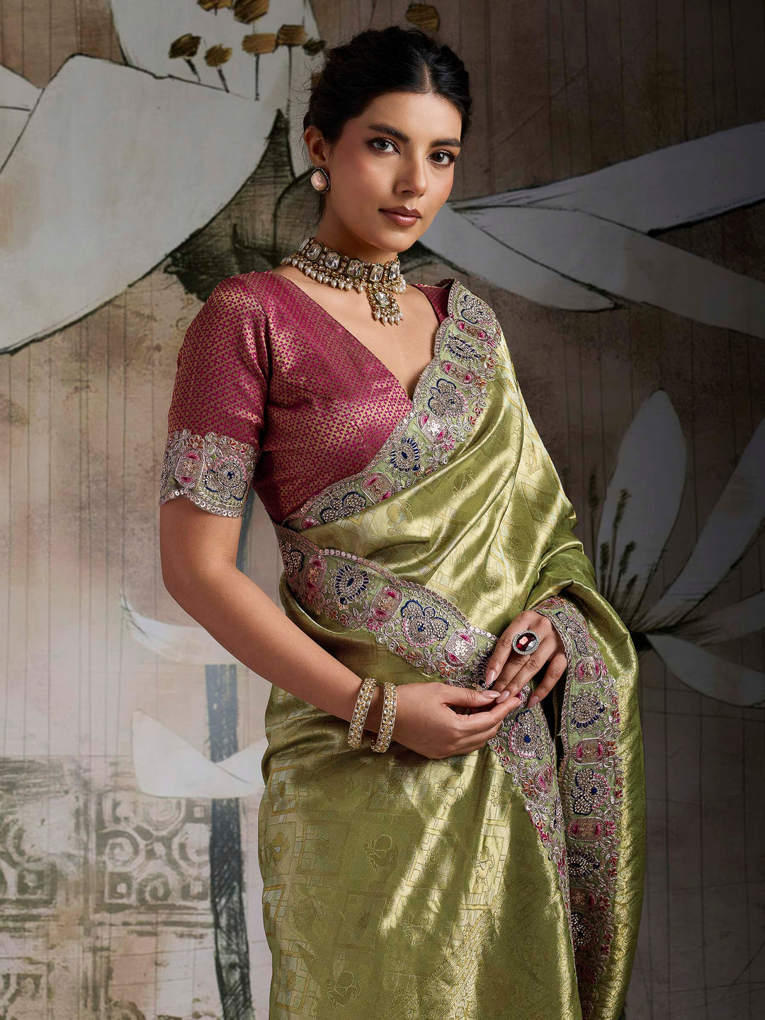 Pista-Green Kanjivaram Silk Embroidered Handloom Saree