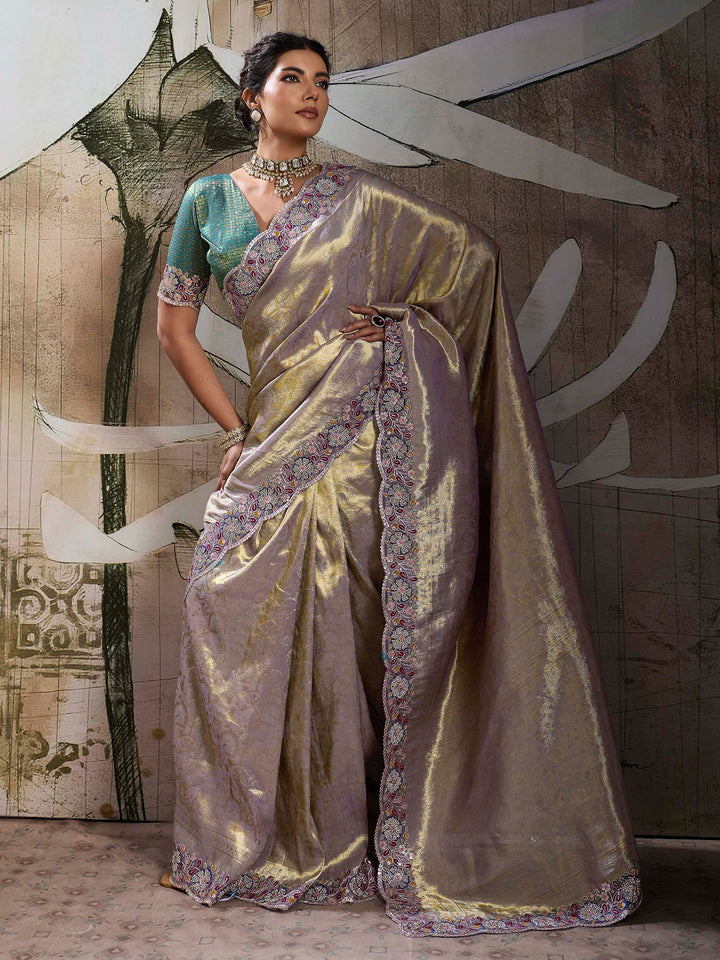 Lavender Kanjivaram Silk Embroidered Handloom Saree