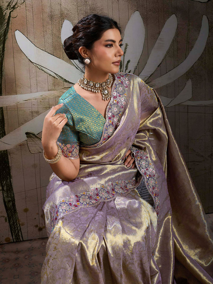 Lavender Kanjivaram Silk Embroidered Handloom Saree