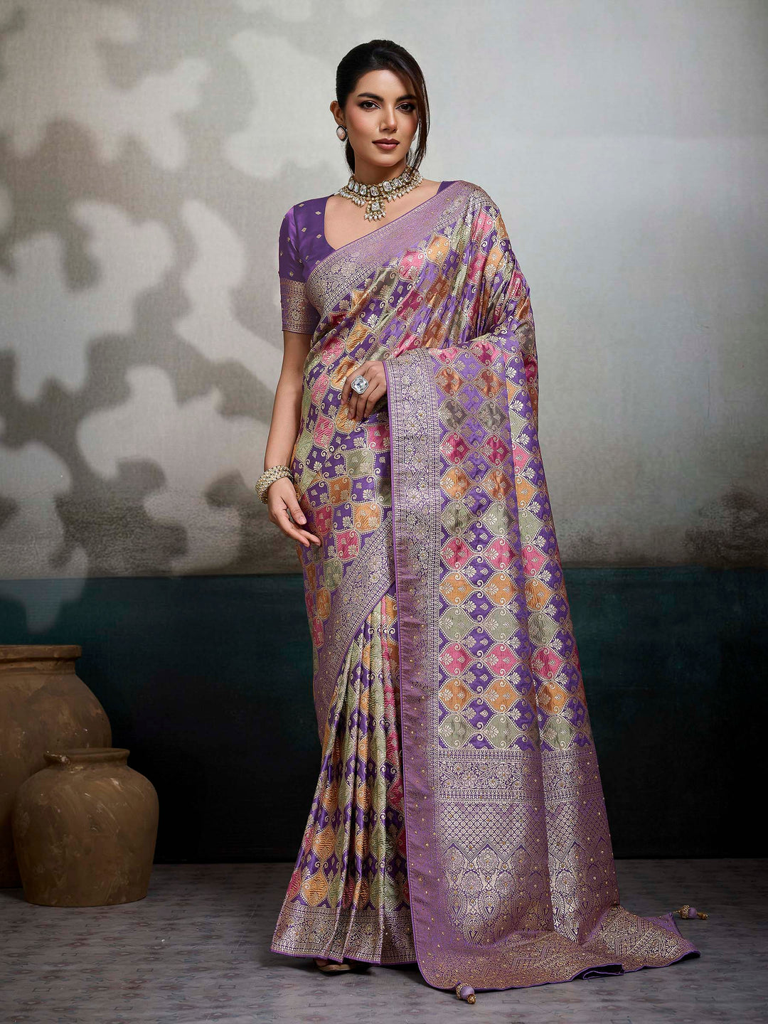 Purple Satin Woven Handloom Saree
