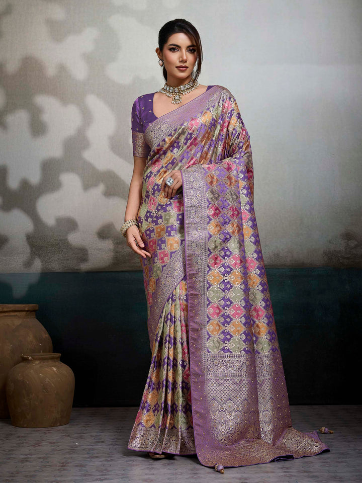 Purple Satin Woven Handloom Saree