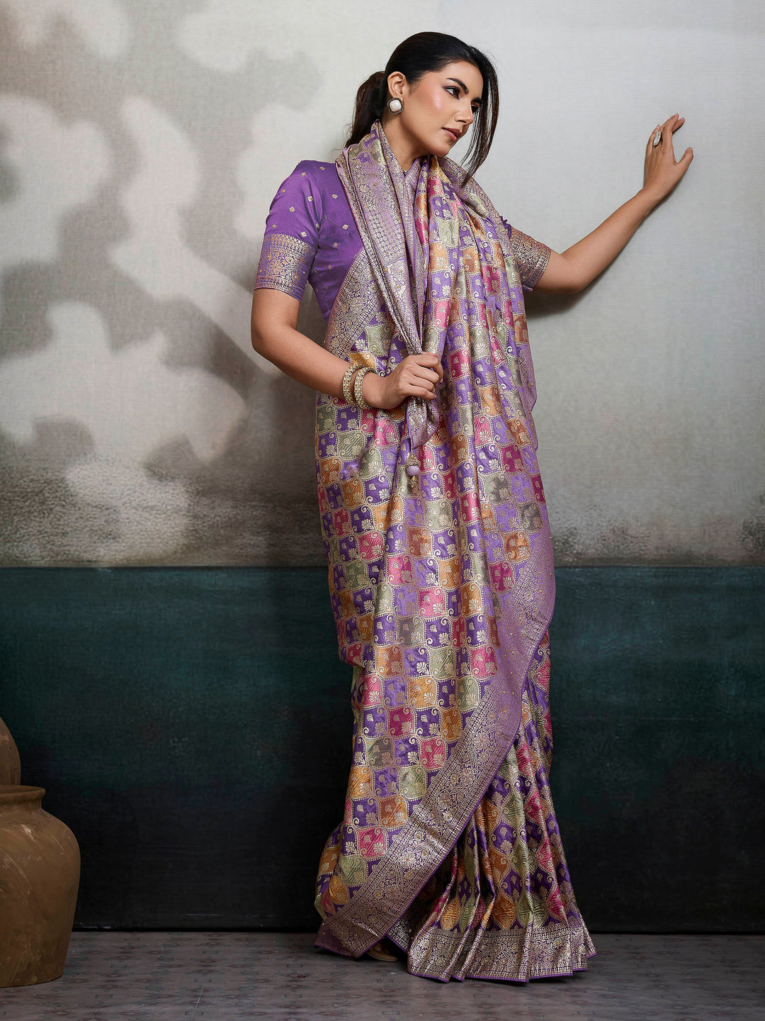 Purple Satin Woven Handloom Saree