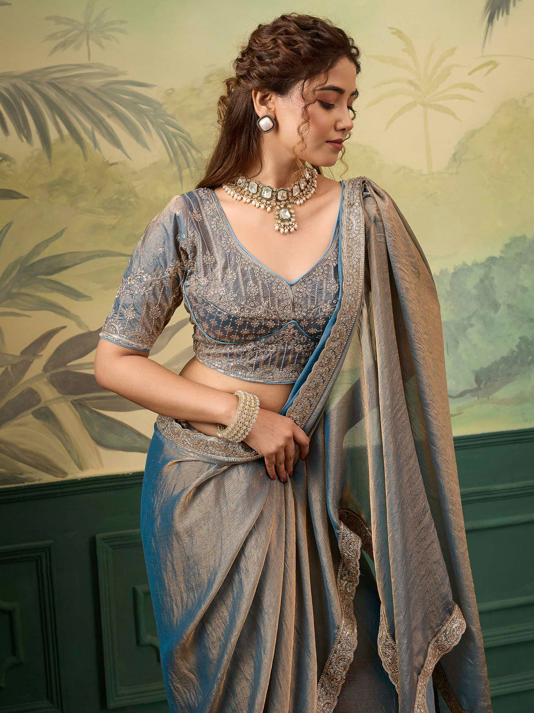 Teal-Blue Chiffon Woven Handloom Saree