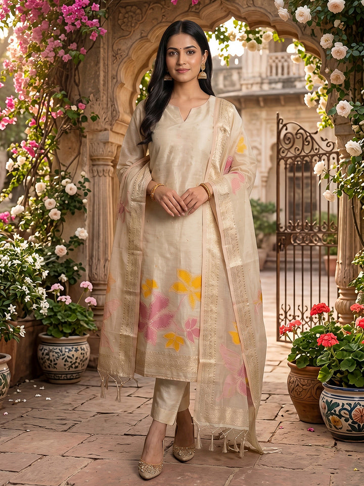 Cream Tissue Floral Weaving Unstitched Dress Material