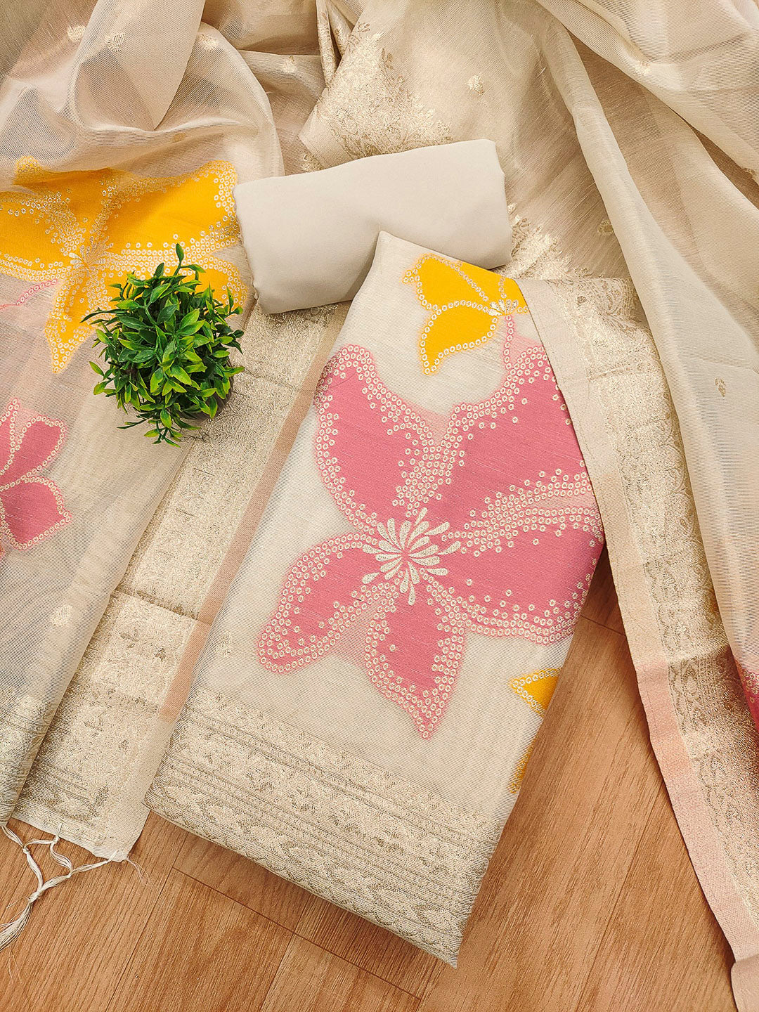 Cream Tissue Floral Weaving Unstitched Dress Material
