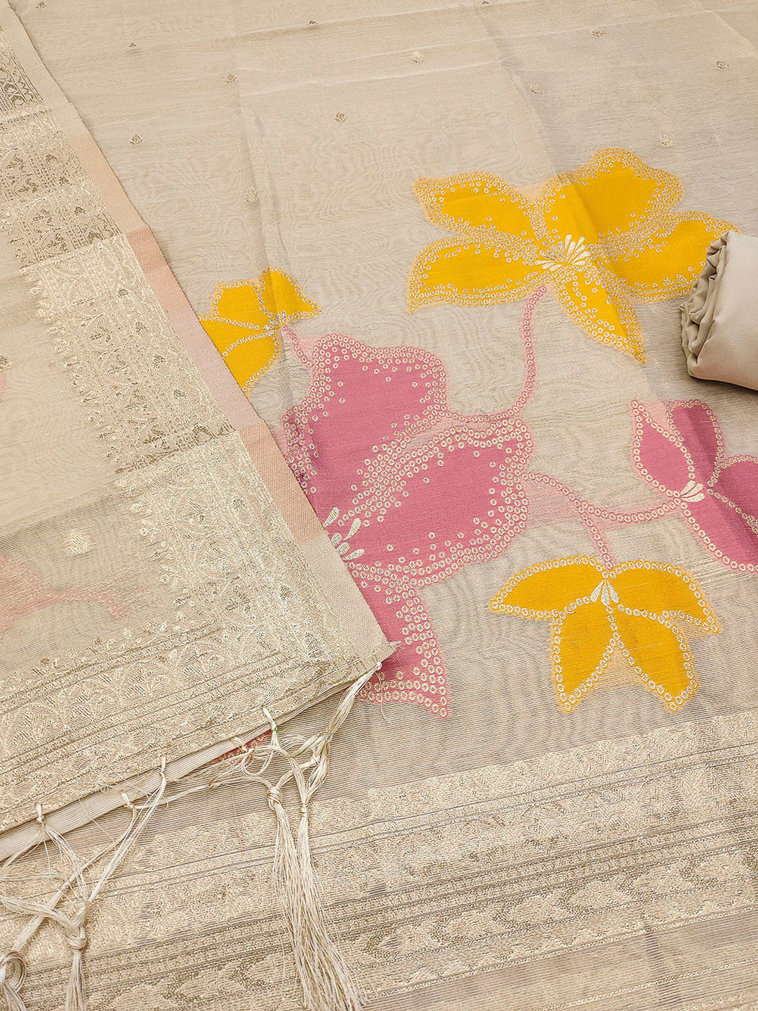 Cream Tissue Floral Weaving Unstitched Dress Material