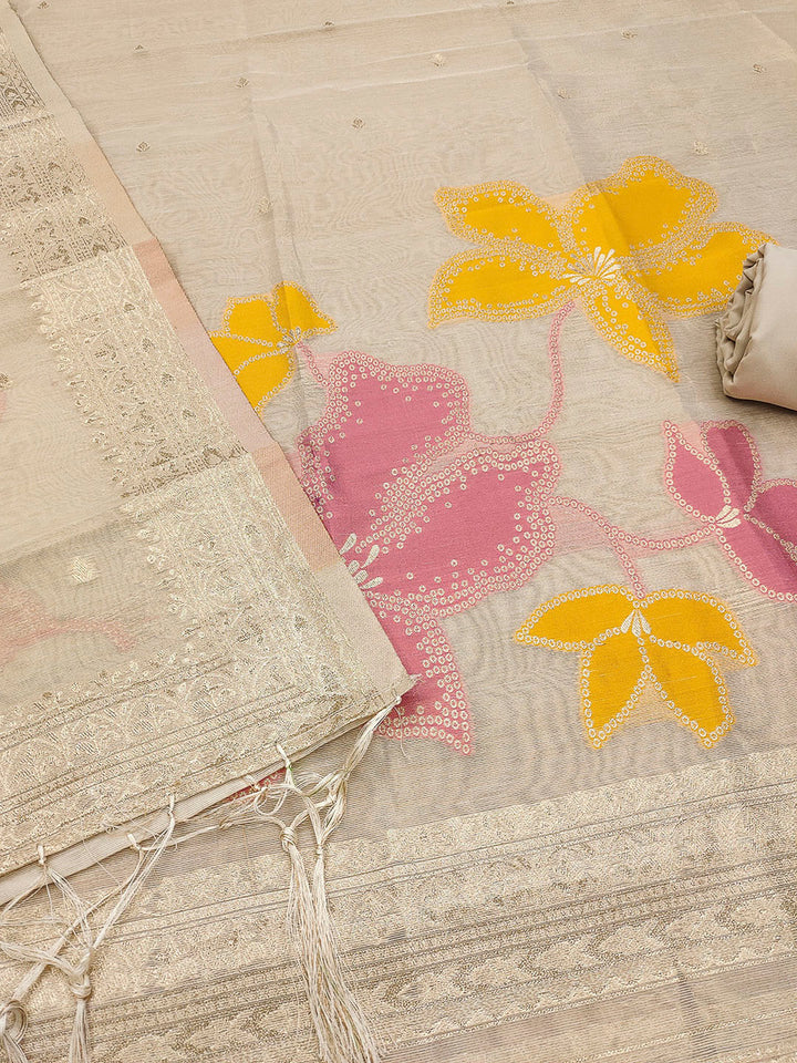 Cream Tissue Floral Weaving Unstitched Dress Material