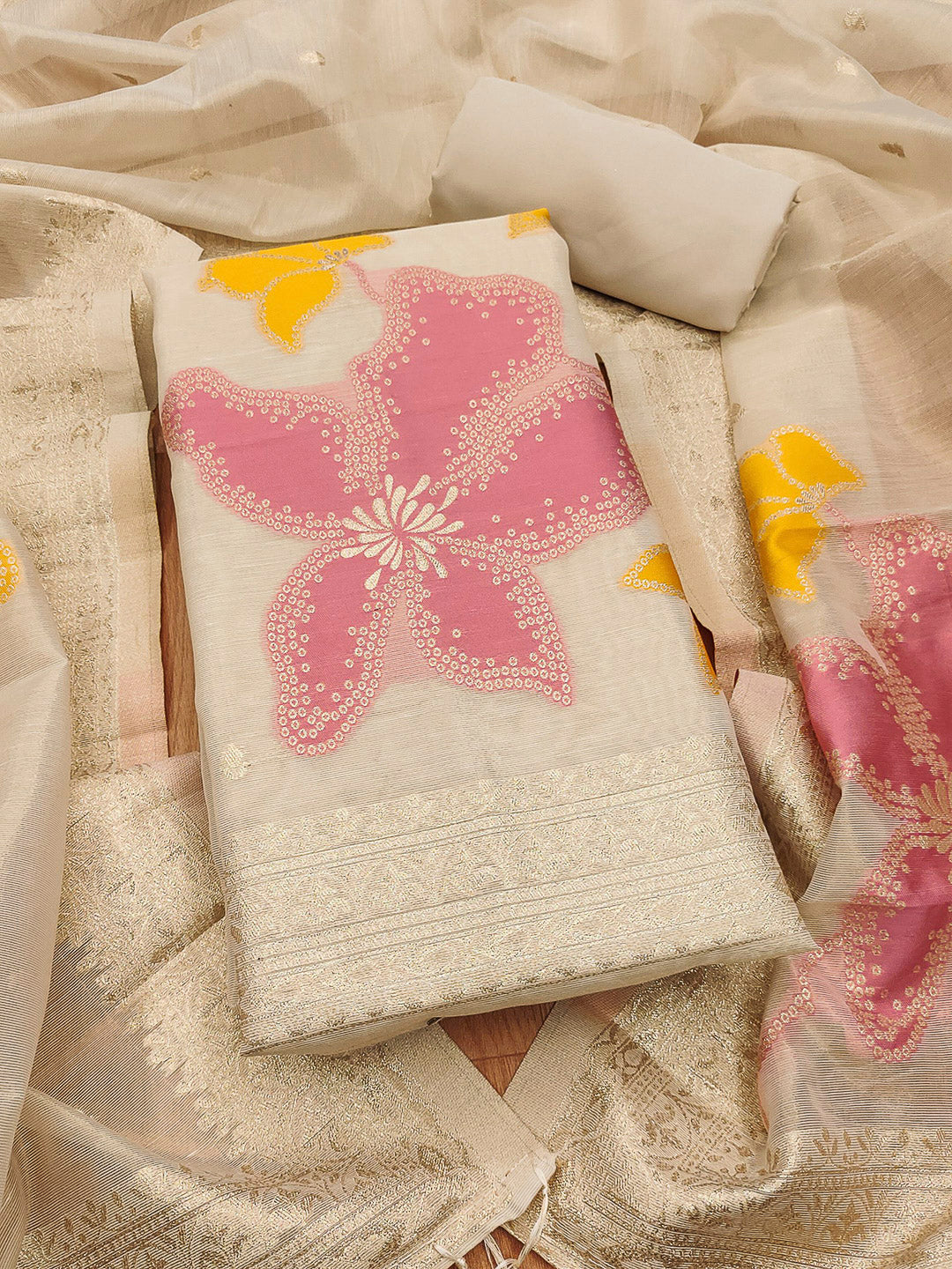 Cream Tissue Floral Weaving Unstitched Dress Material