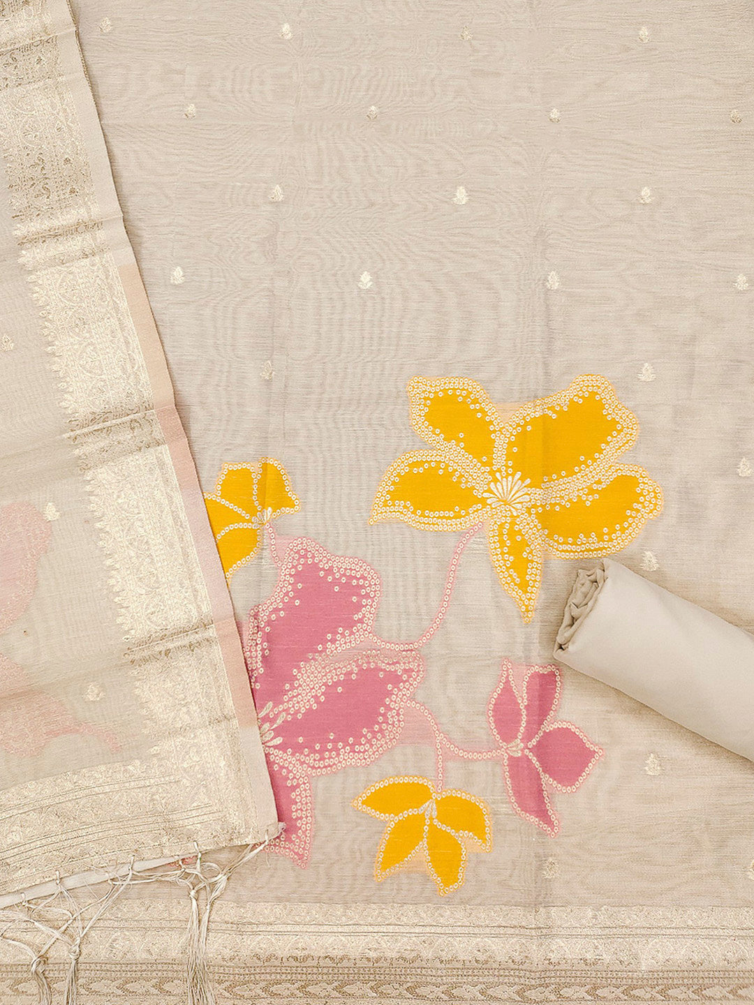 Cream Tissue Floral Weaving Unstitched Dress Material