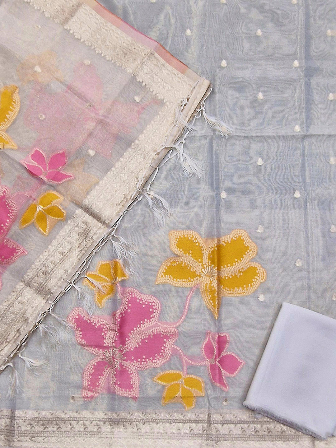 Cream Tissue Floral Weaving Unstitched Dress Material