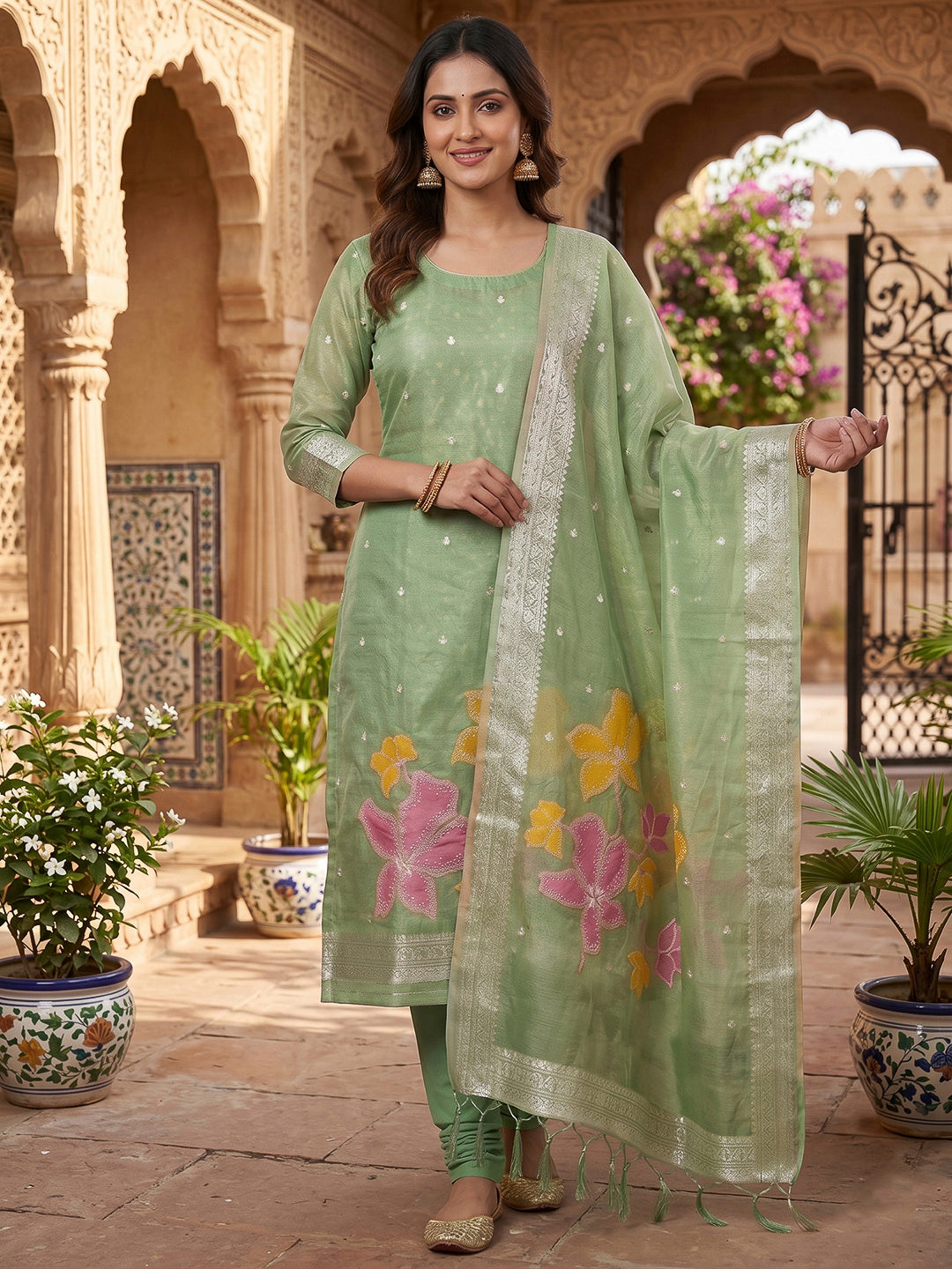 Green Tissue Floral Weaving Unstitched Dress Material
