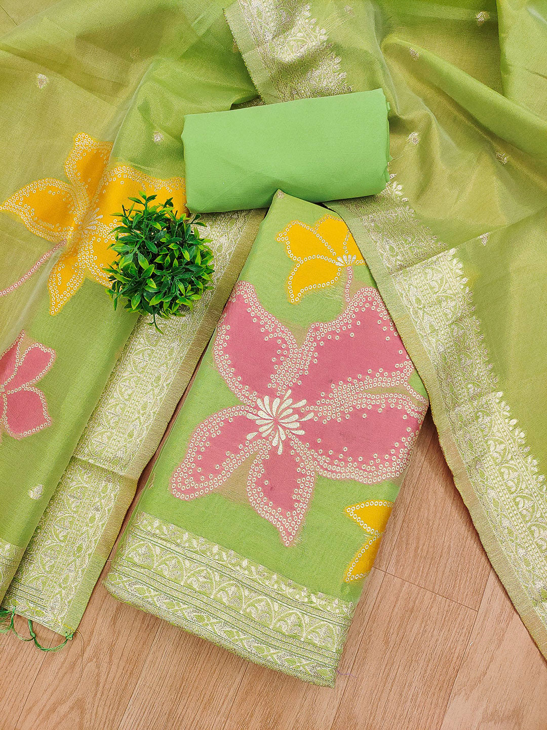 Green Tissue Floral Weaving Unstitched Dress Material