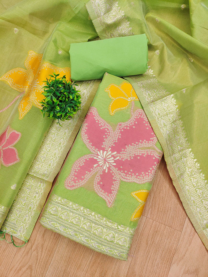 Green Tissue Floral Weaving Unstitched Dress Material