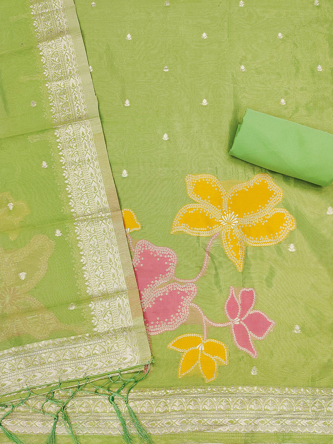 Green Tissue Floral Weaving Unstitched Dress Material